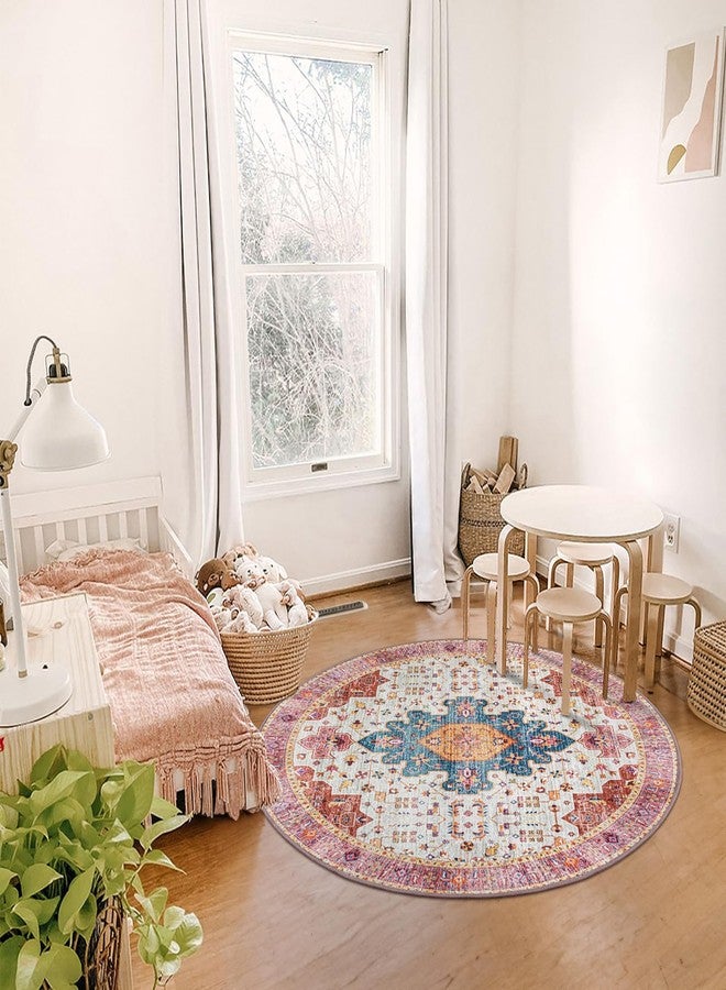 Moynesa Ultra-Thin Washable Round Rug - 4ft Pink Oriental Circle Area Rugs for Nursery Bedroom, Vintage Non Slip Non Shedding Low Pile Carpet for Living Room Coffee Table Entryway - Image 2